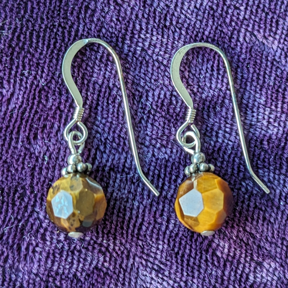 Vintage 925 Sterling Silver Drop Earrings With Natural Tiger Eye Gemstones